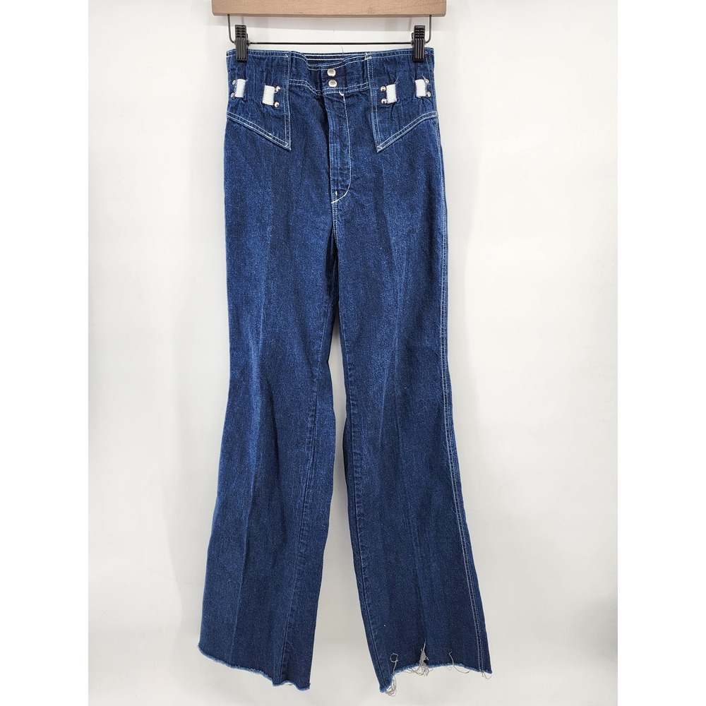 Vintage High Waist Western Flare‎ Denim Jeans Dark Wash Raw Hem 70s